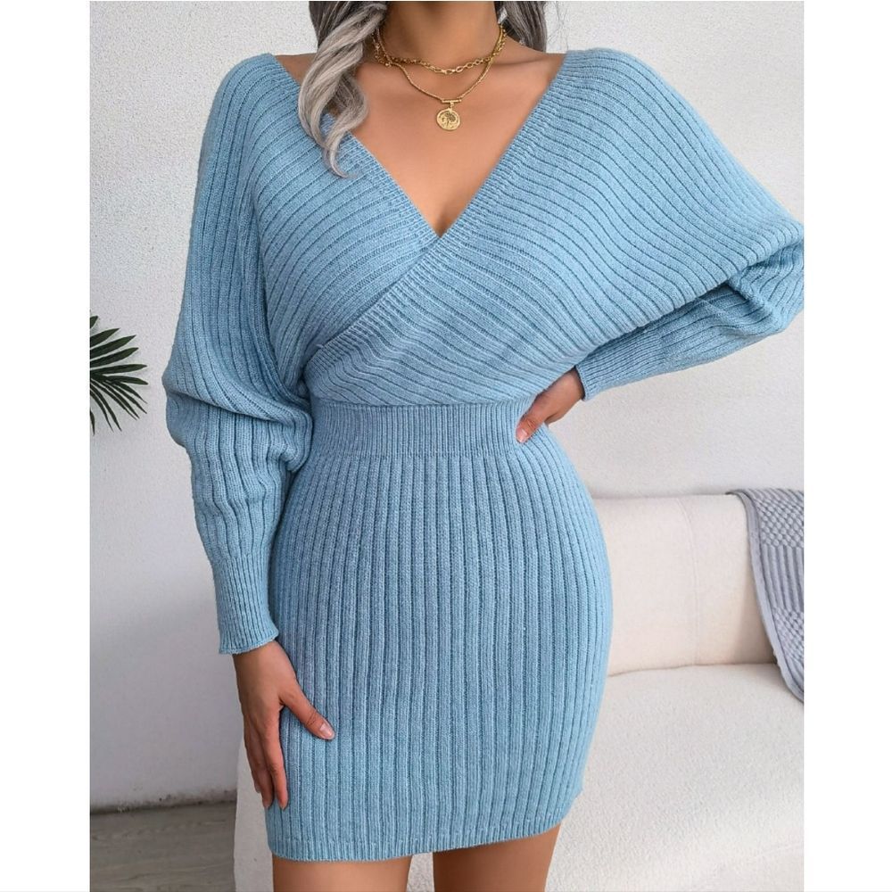 Blue Rib-Knit Sweater Dress